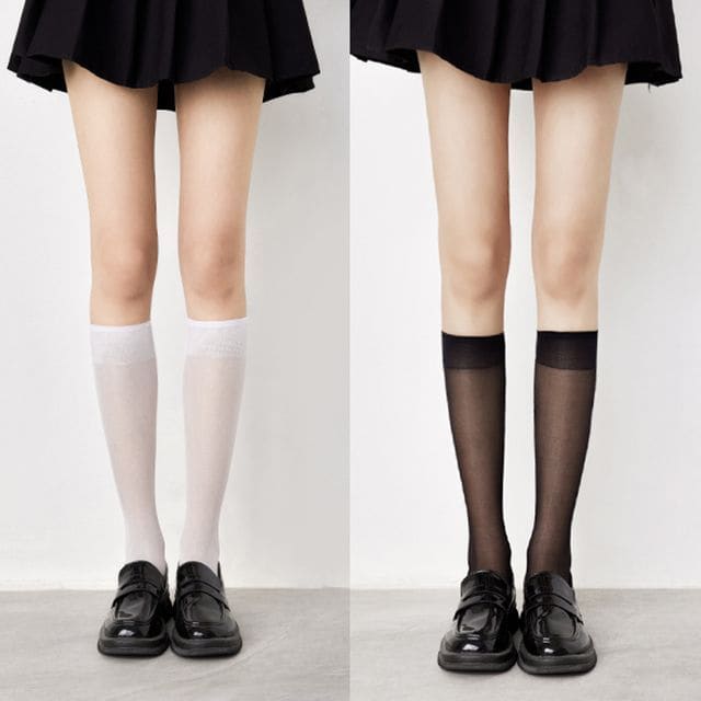 Plain Tall Socks Set - Set Of 2 Pairs - See Through Tall