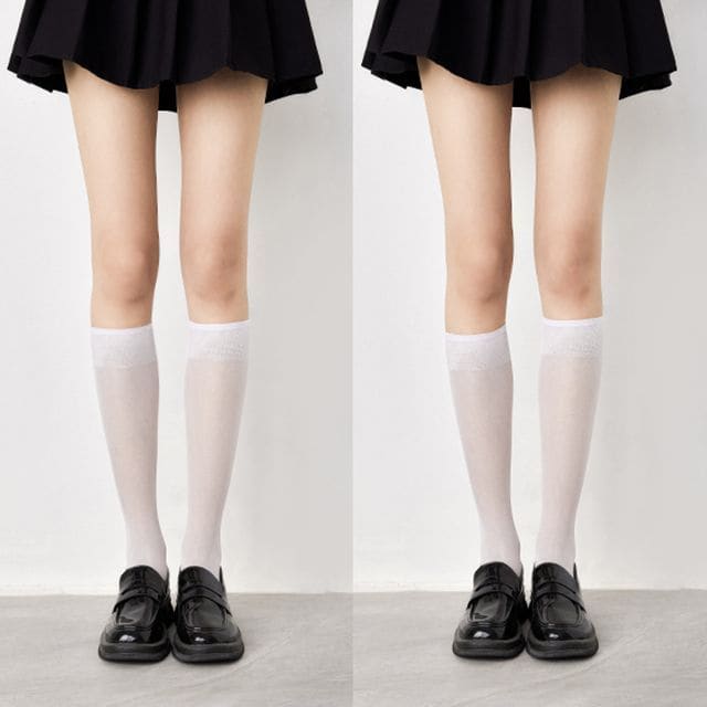 Plain Tall Socks Set - Set Of 2 Pairs - See Through Tall