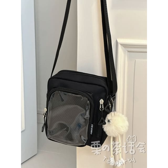 Plain Transparent Panel Crossbody Bag - With Pom Pom