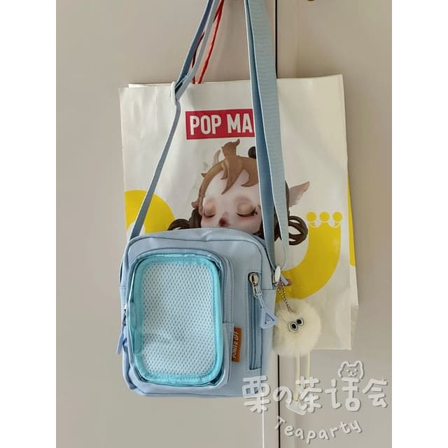 Plain Transparent Panel Crossbody Bag - With Pom Pom - Blue