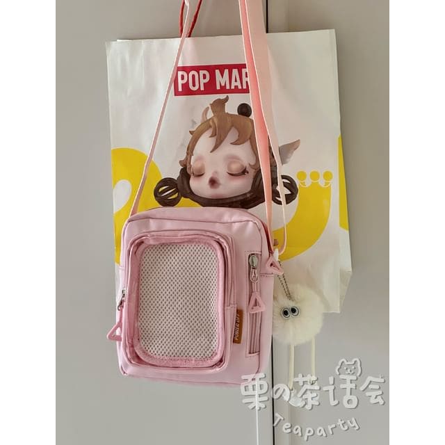 Plain Transparent Panel Crossbody Bag - With Pom Pom - Pink