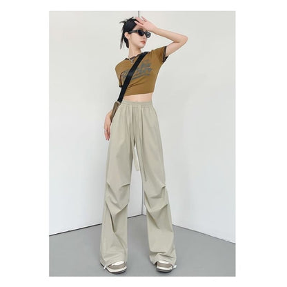 Plain Wide Leg High Waist Parachute Cargo Pants