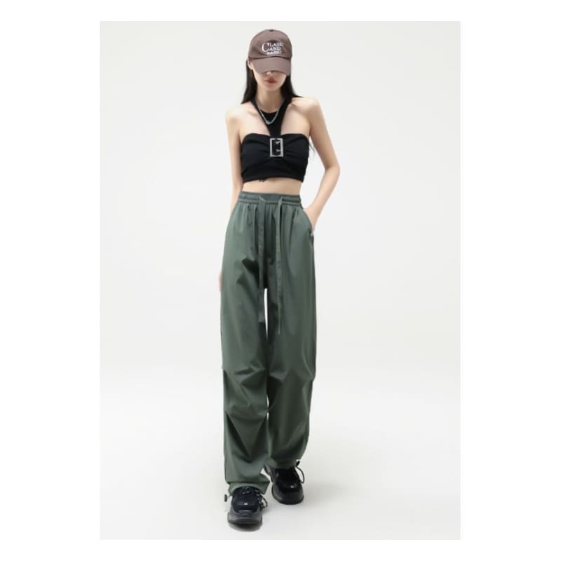 Plain Wide Leg High Waist Parachute Cargo Pants