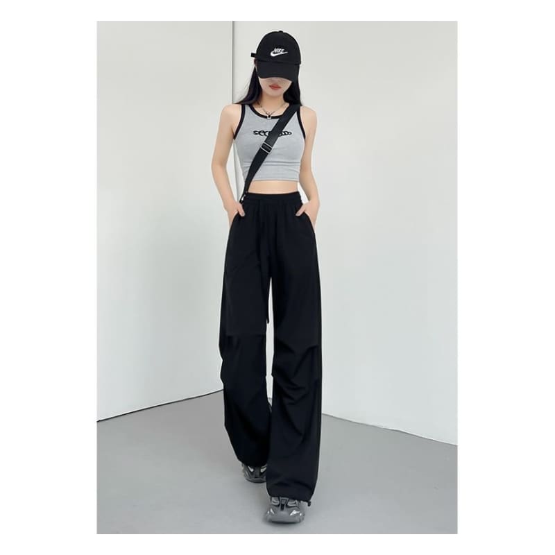 Plain Wide Leg High Waist Parachute Cargo Pants