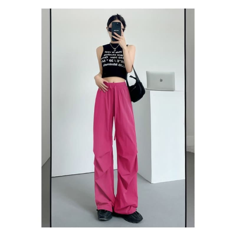 Plain Wide Leg High Waist Parachute Cargo Pants