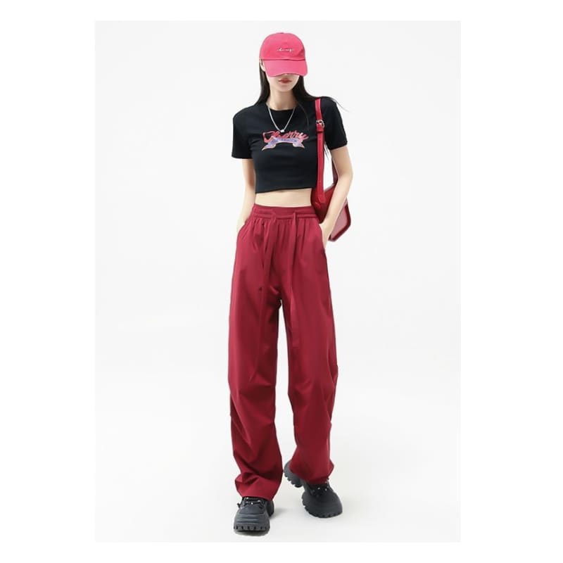 Plain Wide Leg High Waist Parachute Cargo Pants