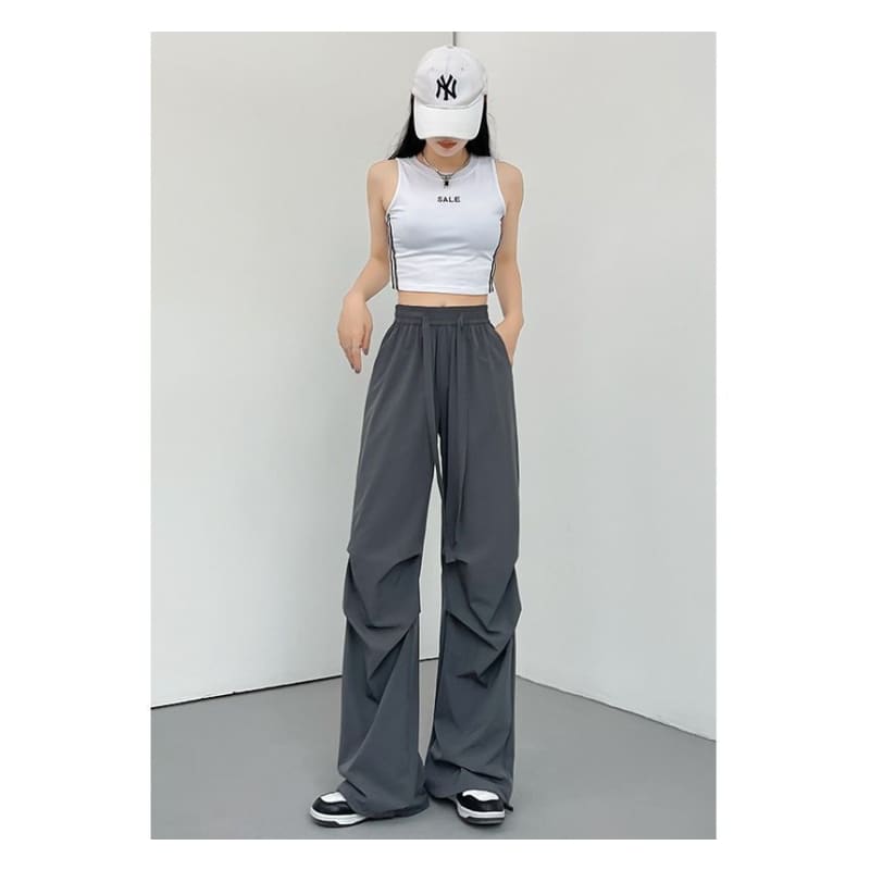 Plain Wide Leg High Waist Parachute Cargo Pants