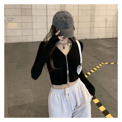 Plain Zip Cropped Hoodie - Black / One Size