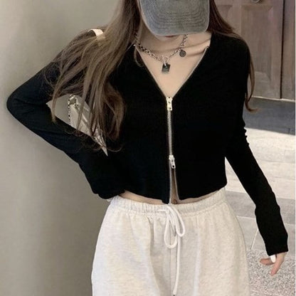 Plain Zip Cropped Hoodie - Black / One Size