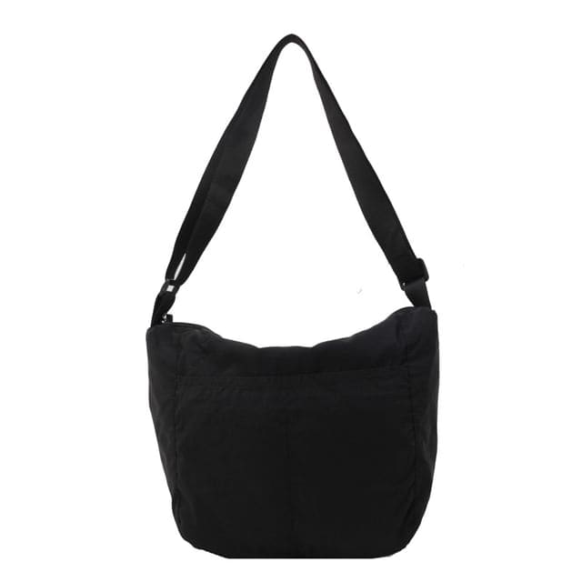 Plain Zip Nylon Shoulder Bag - Black / One Size