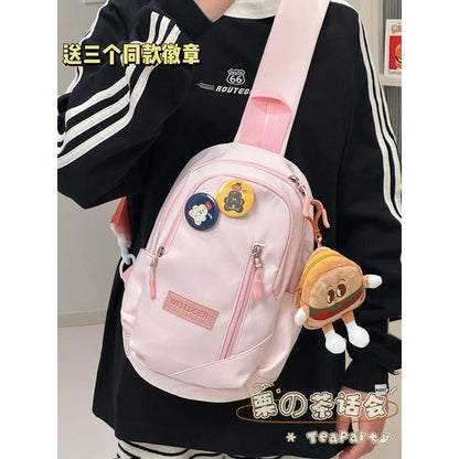 Plain Zip Sling Bag - With Hamburger - Pink / One Size