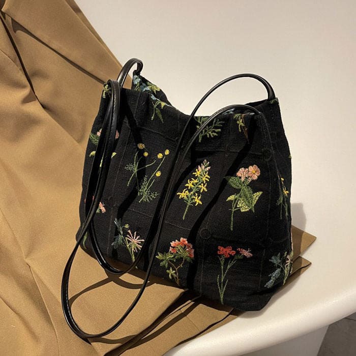 Plant Flower Embroidery Mini Bag - Standart / Black - Bags