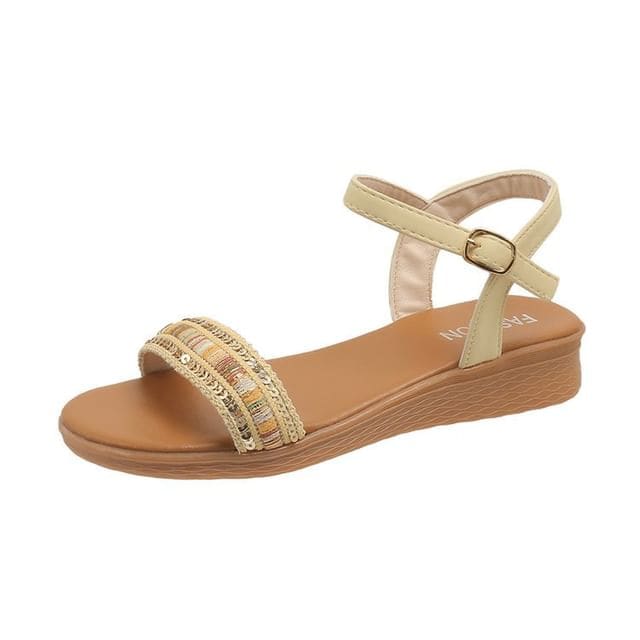 Platform Ankle Strap Sequin Sandals - Beige / 35 - Shoes