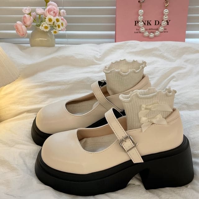 Platform Block Heel Mary Jane Shoes - Off-White / 35