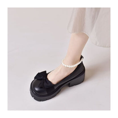 Platform Bow Faux Pearl Ankle Strap Pumps