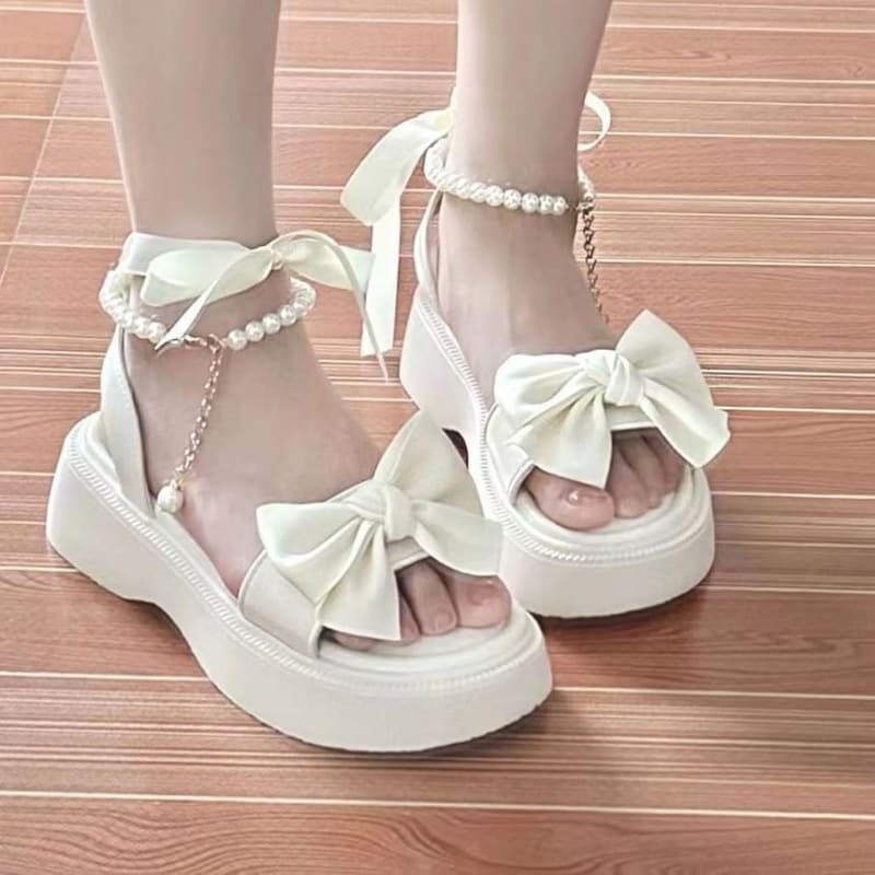 Platform Bow Faux Pearl Ankle Strap Sandals