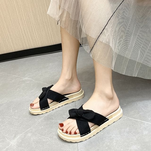 Platform Bow Slide Sandals - Black / 35