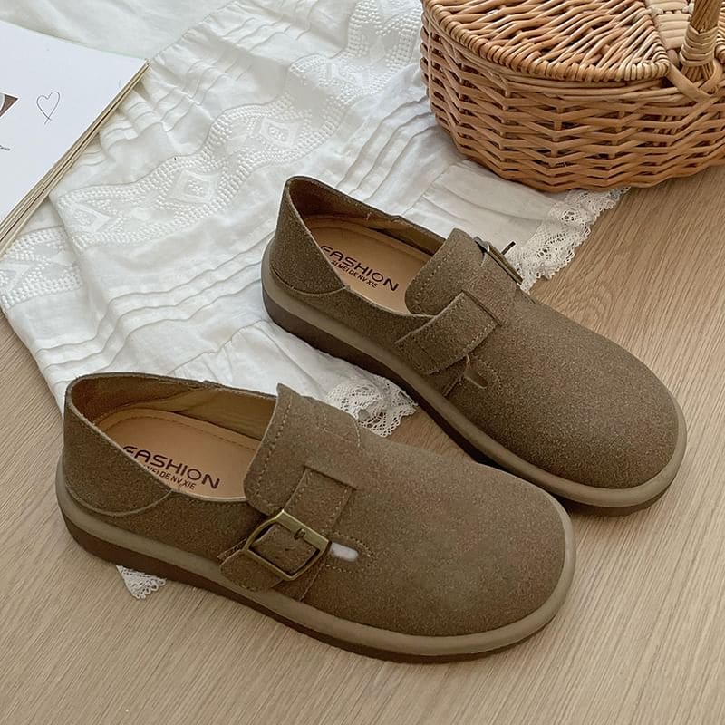 Platform Buckled Faux Suede Slip Ons