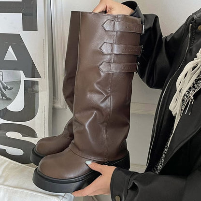 Platform Buckled Panel Knee High Boots