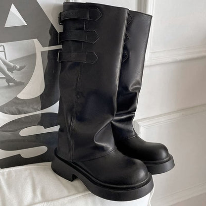 Platform Buckled Panel Knee High Boots