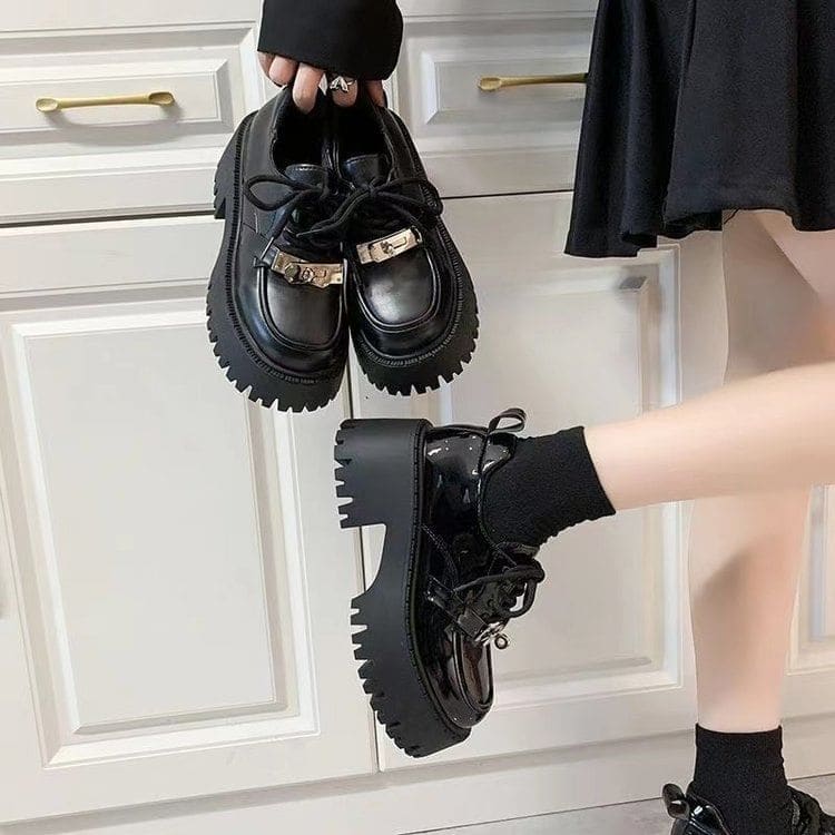 Platform Buckled Patent Leather Lace Up Shoes