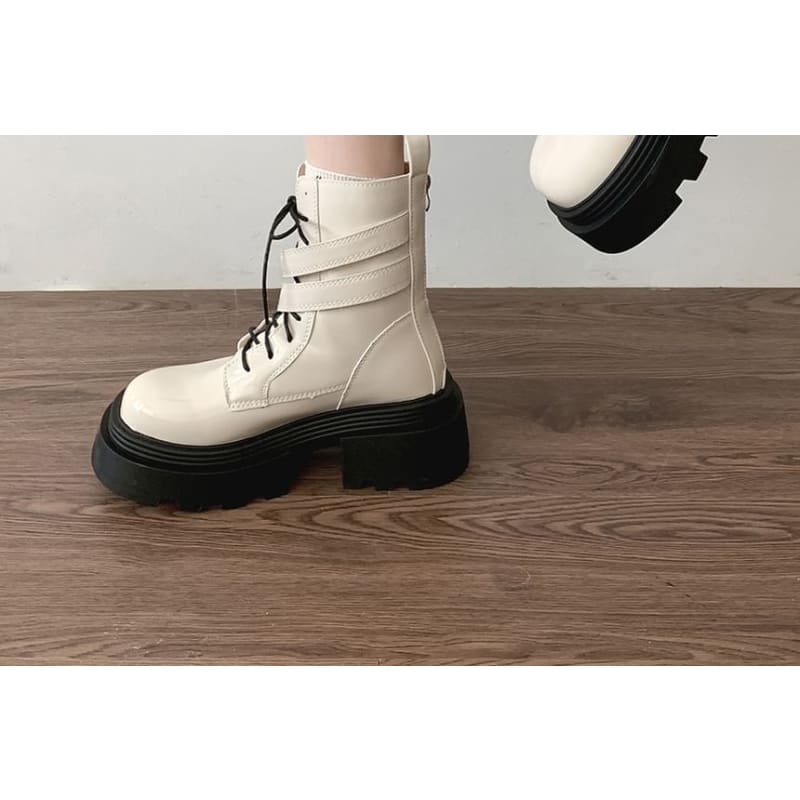 Platform Buckled Patent Leather Lace Up Short Boots