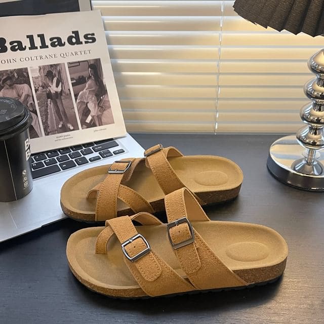 Platform Buckled Toe Loop Slide Sandals - Camel / 35