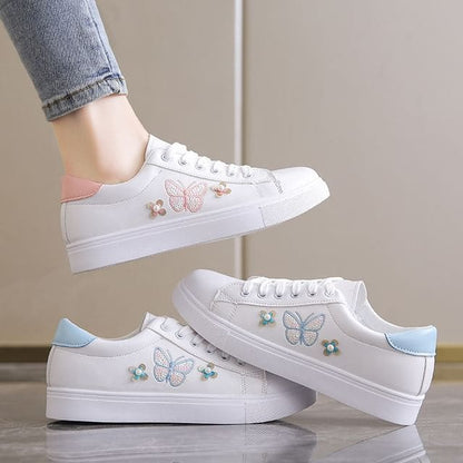 Platform Butterfly Embroidered Faux Pearl Accent Lace-Up