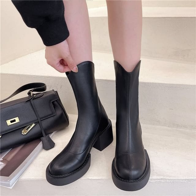 Platform Chunky Heel Mid-Calf Boots - Black / 35