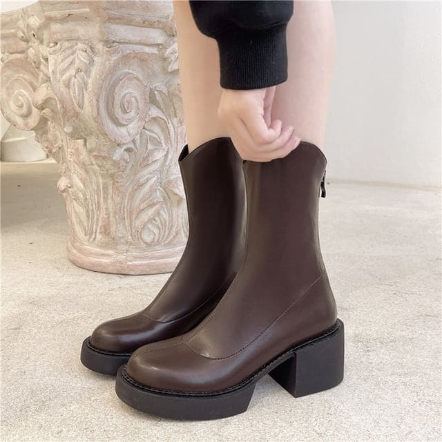 Platform Chunky Heel Mid-Calf Boots - Dark Brown / 35