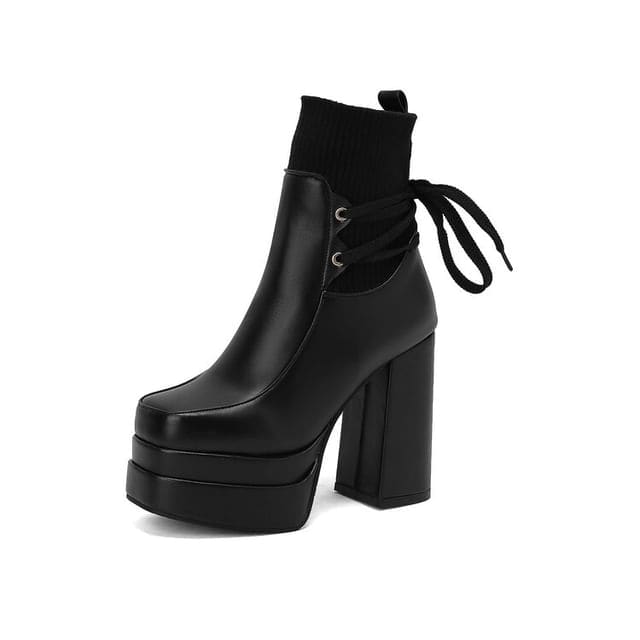 Platform Chunky Heel Short Boots - Black / 34