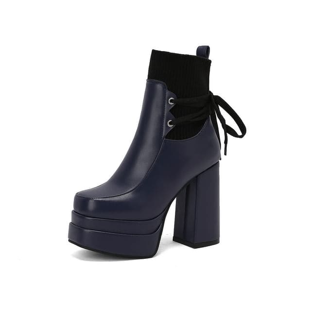 Platform Chunky Heel Short Boots - Blue / 34