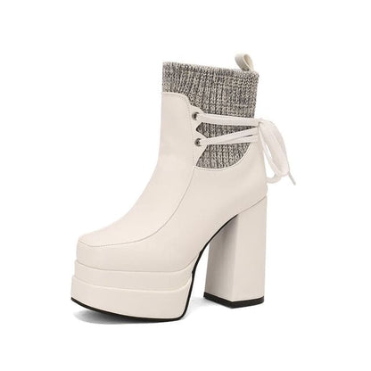 Platform Chunky Heel Short Boots - White / 34