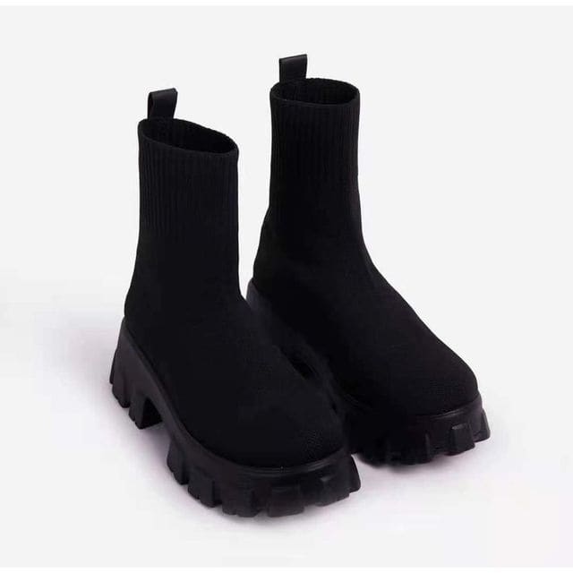 Platform Chunky Heel Sock Boots - Black / 36