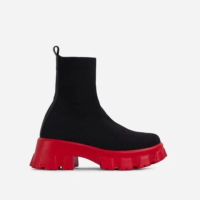 Platform Chunky Heel Sock Boots - Black & Red / 36