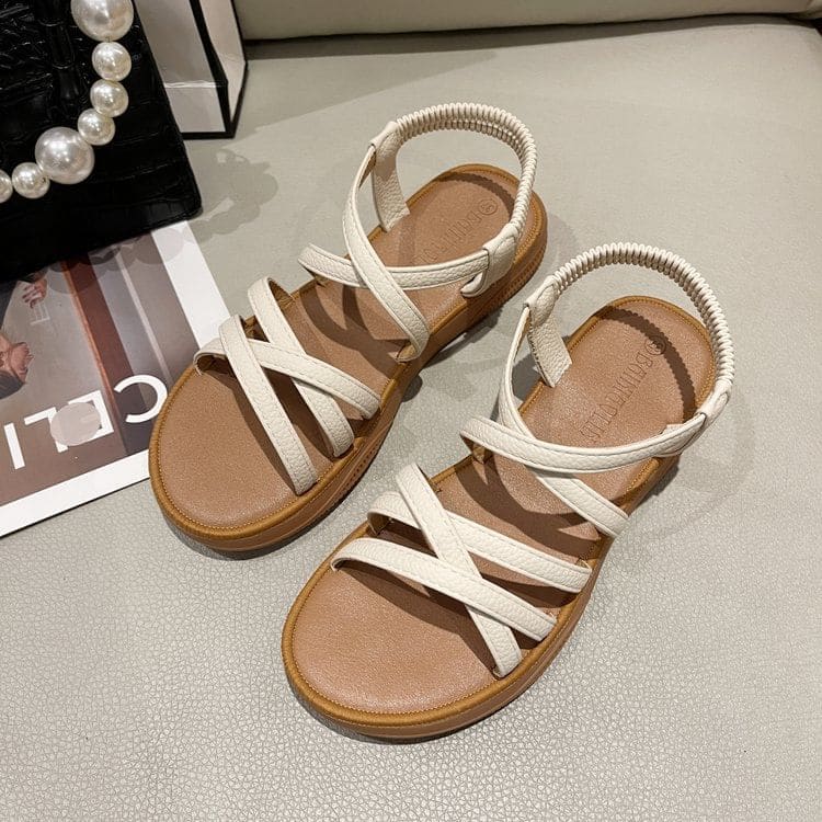 Platform Cross Strap Faux Leather Slingback Sandals