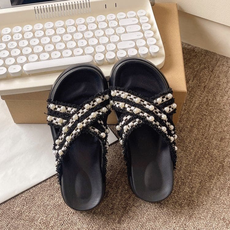 Platform Cross Strap Tweed Faux Pearl Accent Sandals - Shoes