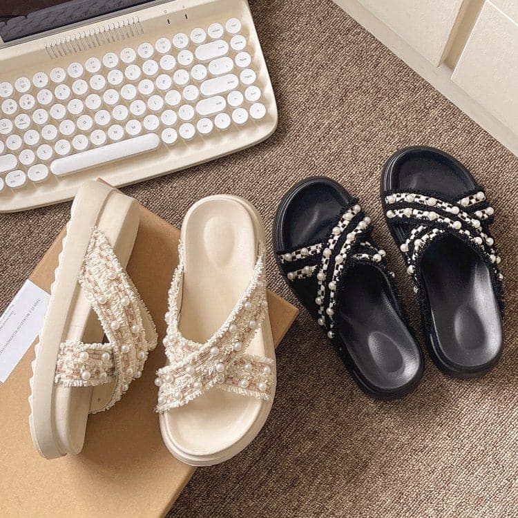 Platform Cross Strap Tweed Faux Pearl Accent Sandals - Shoes