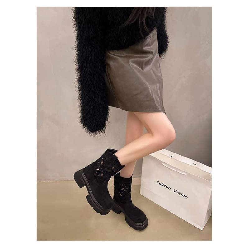 Platform Embroidered Cutout Short Boots