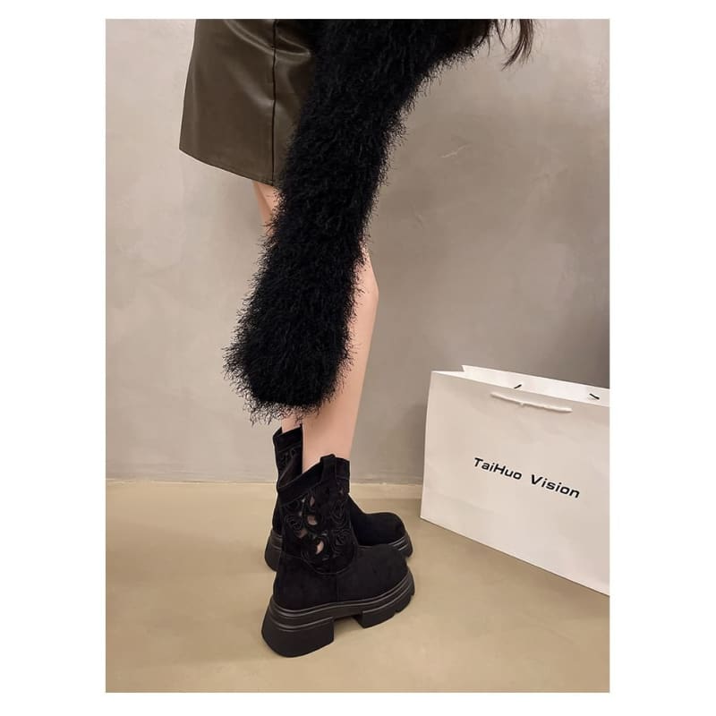 Platform Embroidered Cutout Short Boots