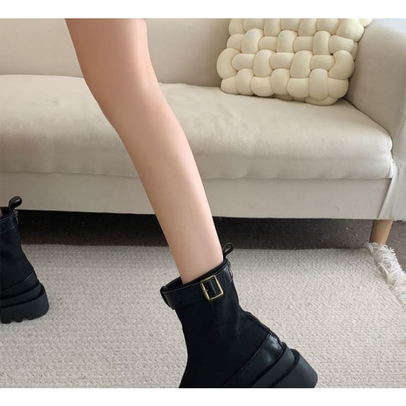 Platform Faux Leather Panel Buckled Short Boots