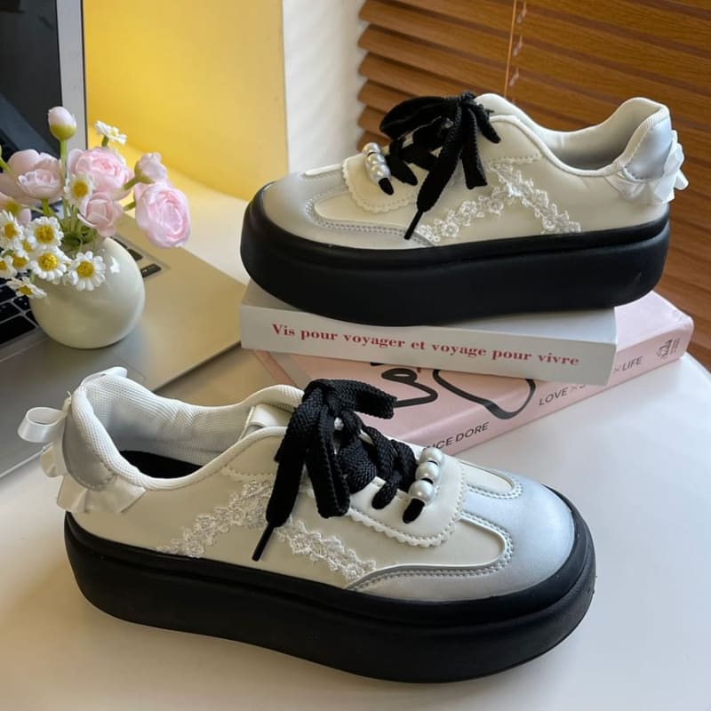 Platform Faux Pearl Bow Panel Sneakers