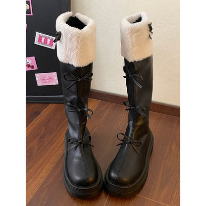 Platform Fleece Lined Bow Accent Tall Boots - Black / 35