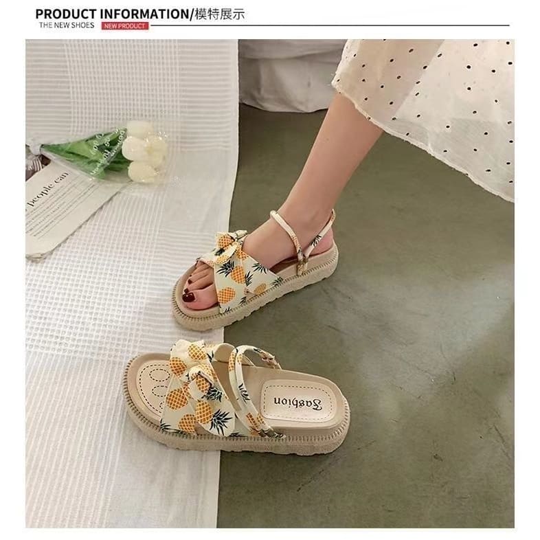 Platform Fruit Print Bow Slide Sandals