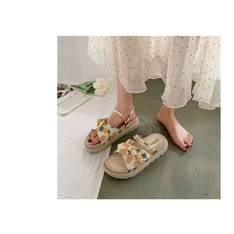 Platform Fruit Print Bow Slide Sandals