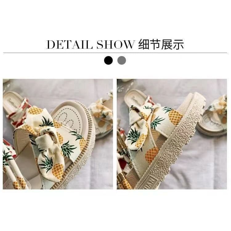 Platform Fruit Print Bow Slide Sandals