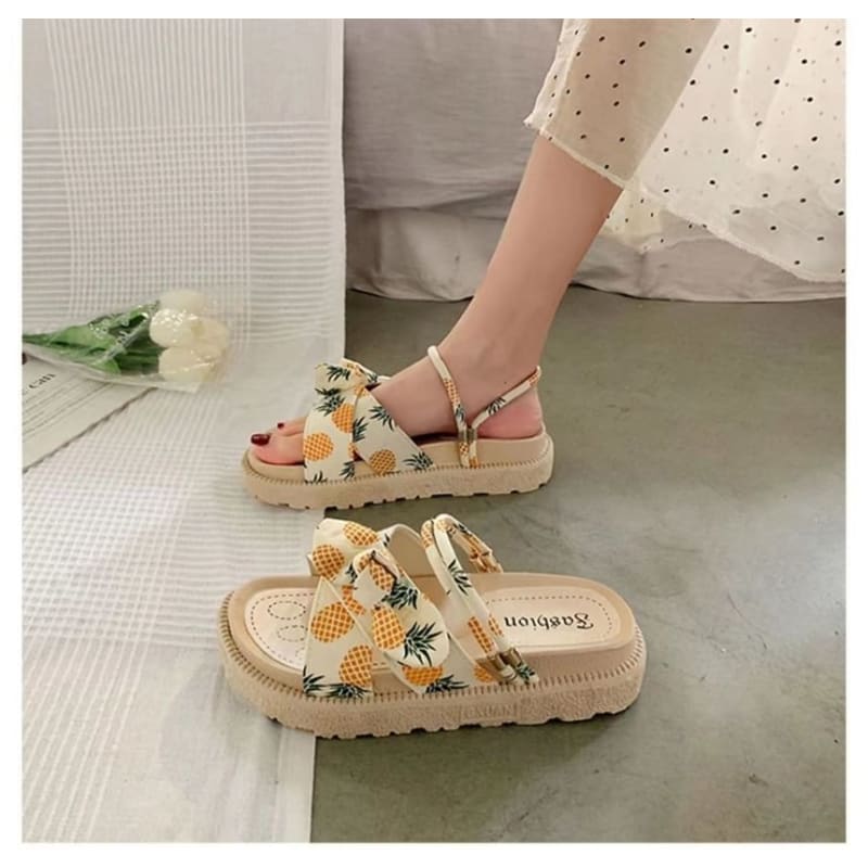 Platform Fruit Print Bow Slide Sandals