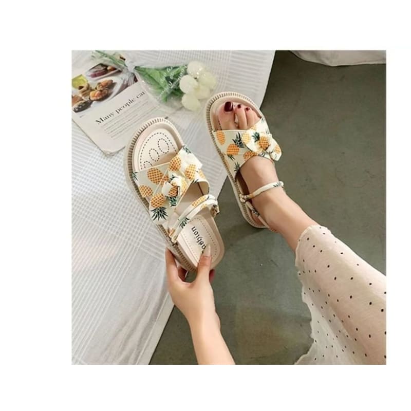 Platform Fruit Print Bow Slide Sandals