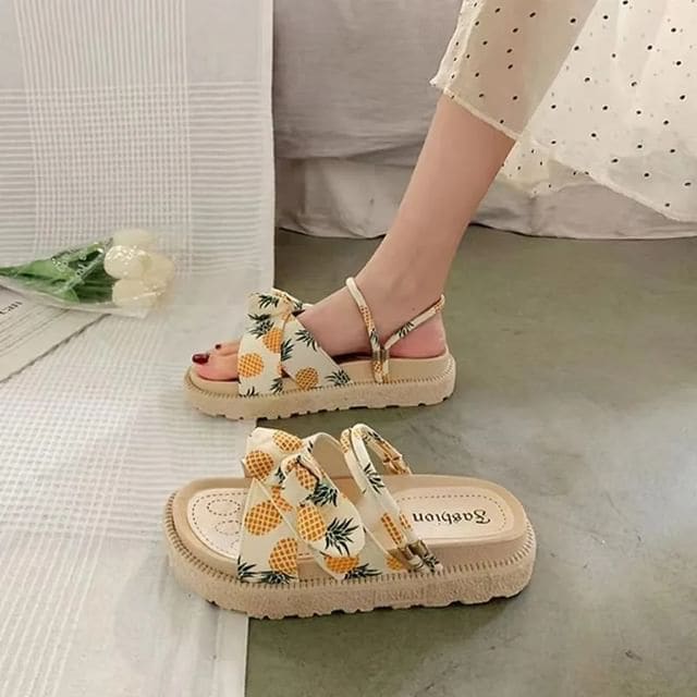 Platform Fruit Print Bow Slide Sandals - Yellow Pineapples