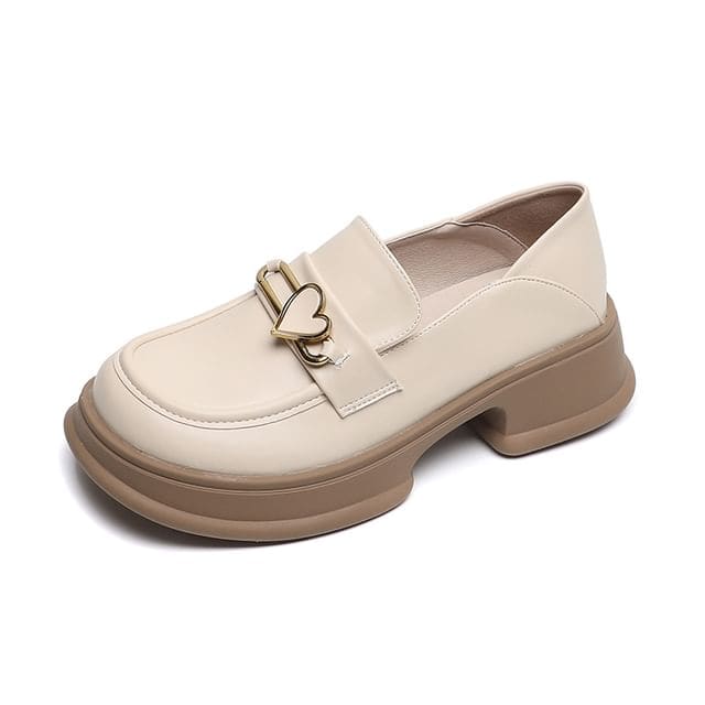 Platform Heart Accent Faux Leather Loafers - Almond / 34